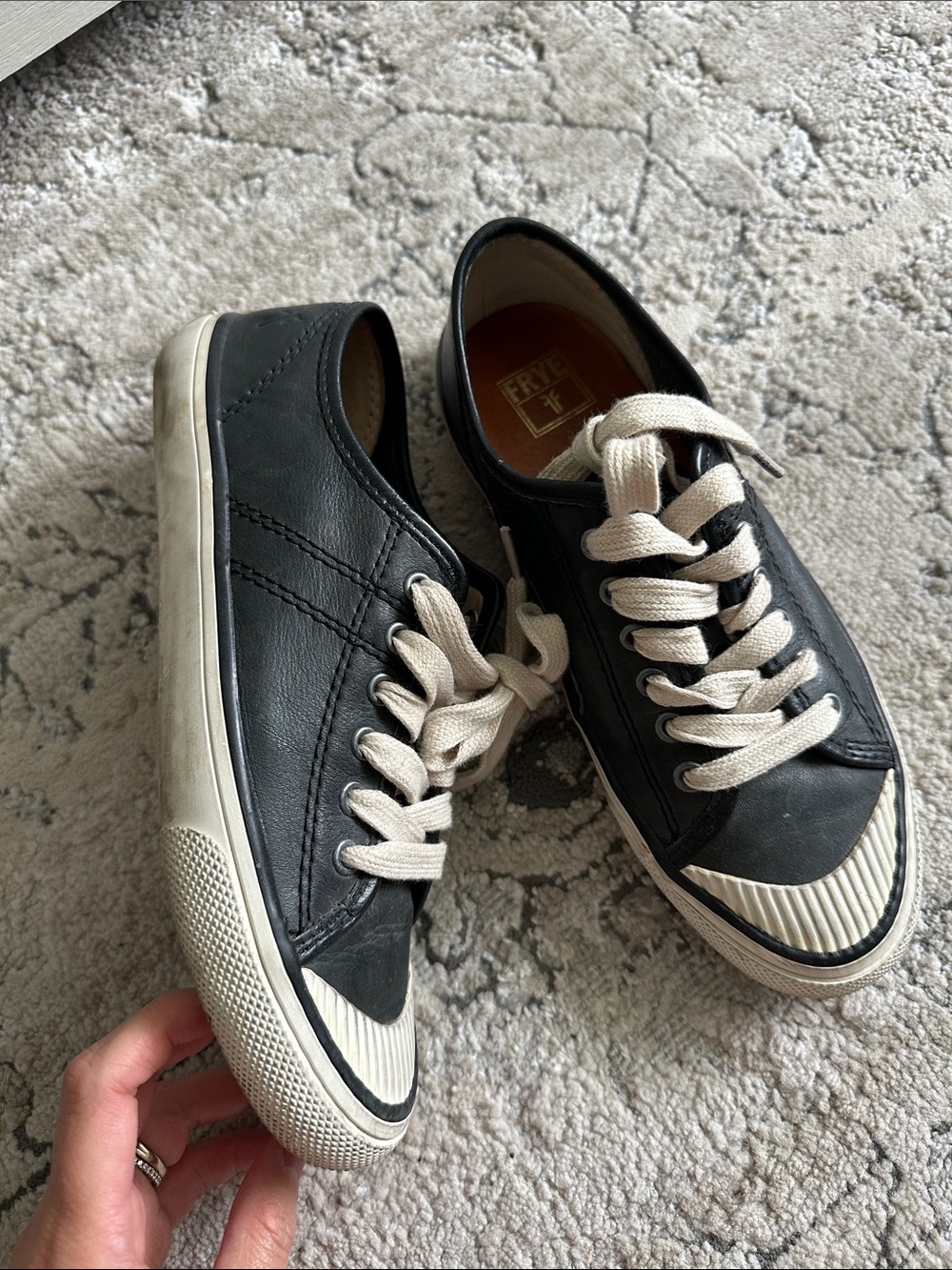 Frye Black Leather Low-Top Sneakers with Cream Laces